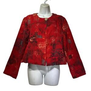 chicos 0 red single button geometric southwestern tapestry cardigan
